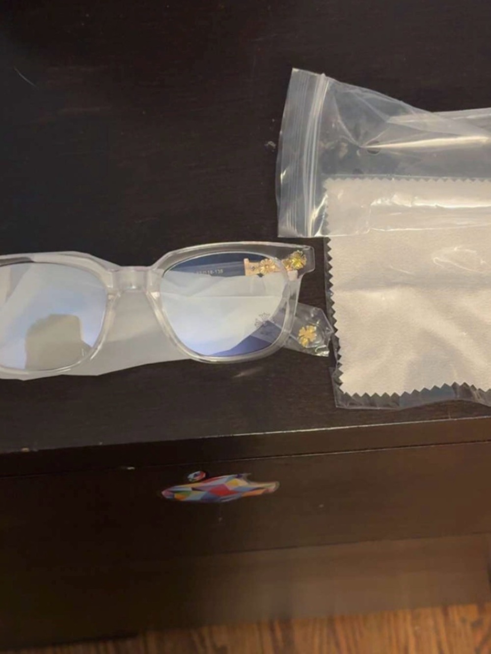 Chrome Hearts Kids Clear Frame Sunglasses with Blue Lenses and Gold Accents